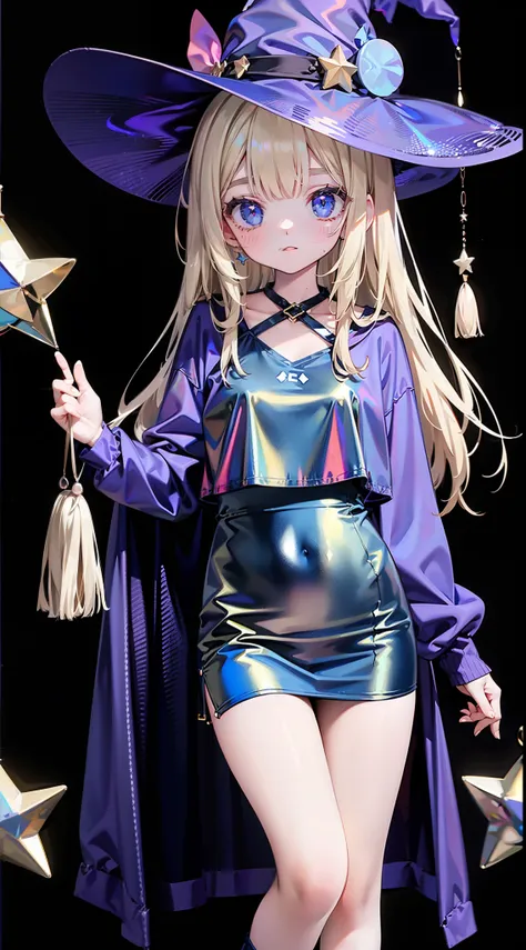 (masterpiece:1.2, best quality),holographic clothing,(1girl), witch, witch hat, long hat with tip and a star symbol hanging, net...