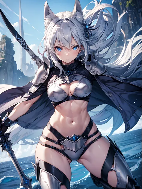 1 girl,Serious,Silver hair,Wolf ears,Blue eyes,Bikini Armor,Holding a long sword,Abs,Dynamic Pose,Dynamic Angle,Intricate details, Hyper realistic, Perfect Anatomy