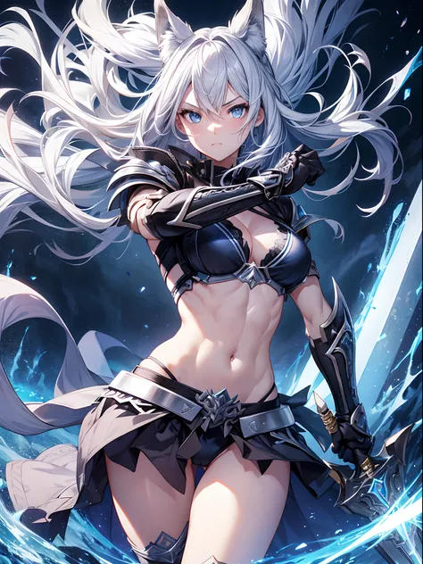 1 girl,Serious,Silver hair,Wolf ears,Blue eyes,Bikini Armor,Holding a long sword,Abs,Dynamic Pose,Dynamic Angle,Intricate details, Hyper realistic, Perfect Anatomy