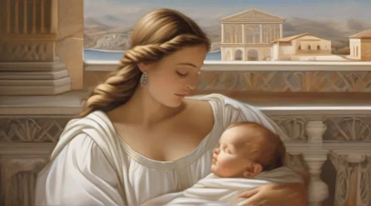 At the time of Ancient Greece, A mother wrapped in a white dress, like a sheet, stroll through the balcony of his house made of stones and marble. Com ternura, Holds your newborn child in your arms. The image radiates the protection and affection of a stro...