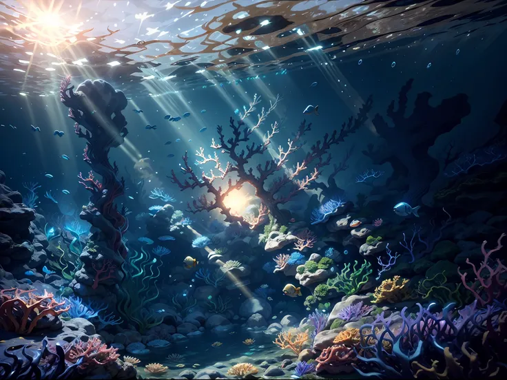 an underwater game scene with fishes and corals, sun shine through the water create an serene feeling, unreal engine five, game ...