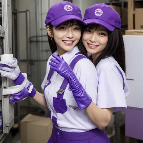 Japan female in her 30s,Wearing a work shirt,Wearing a cap hat,a smile,Showing you around the warehouse,Recruitment,piece sign、Enamel gloves、Purple enamel gloves、Purple enamel gloves、long rubber gloves in purple、Glossy purple gloves