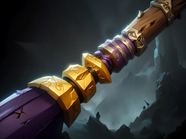 There is a very long wooden stick，With a purple handle, medievil spear, artifact dota2, epic legends game icon, The sword, Rod arm sword, Fantasy Scythe, magic wooden staff, holding jagged scimitar, sword slash, picareta, dual wielding axes, hearthstone we...