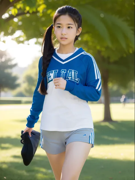 A beautiful 15 year old student runs on campus，sporty attire，looking at book ，horse tailed，and the sun was shining brightly，depth of fields，high light，Real light，Ray traching，OC renderer，UE5 renderer，Hyper-realistic，best qualtiy，8K，Works of masters，super-f...