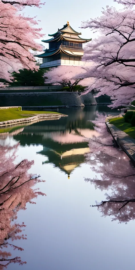 A tranquil moment at Osaka Castle, its majestic structure reflected in the surrounding moat. Cherry blossoms frame the castle, adding a touch of seasonal beauty. Medium: Photography. Style: Ultra-detailed, drawing inspiration from the landscape photography...