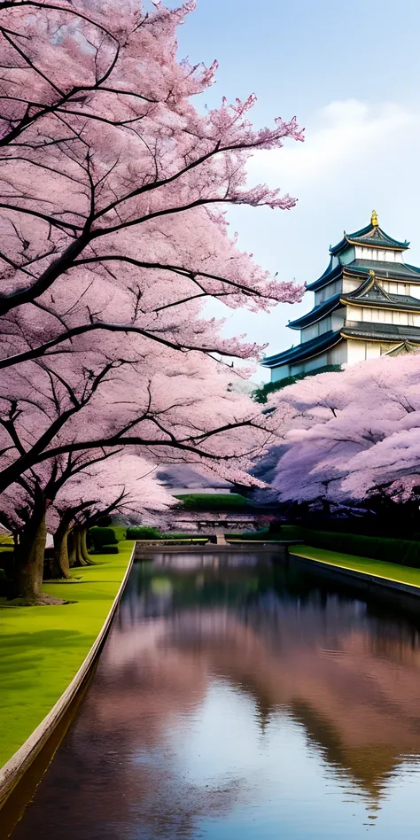 A tranquil moment at Osaka Castle, its majestic structure reflected in the surrounding moat. Cherry blossoms frame the castle, adding a touch of seasonal beauty. Medium: Photography. Style: Ultra-detailed, drawing inspiration from the landscape photography...