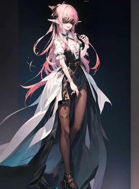 (tmasterpiece，high high quality，offcial art，Beauty and aesthetics:1.2)，独奏，1个Giant Breast Girl，lowerbody，Sideways，short  skirt，thin very long legs，high-heels，Bad woman，pov，the elf，with her mouth open，The color hair，long whitr hair，gothic clothing，Cross stra...