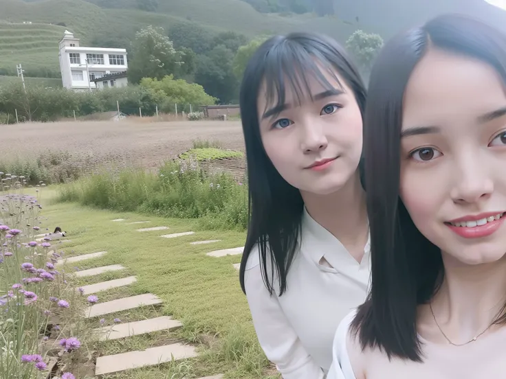 Two women standing in a flower field, Ruan Jia and Fenghua Zhong, 8k selfie photograph, zmonzheng, xintong chen, Two girls, Middle metaverse, Sisters, xision wu, personal profile picture, wenfei ye, yanjun cheng, Li Zixin, zeng fanzh, Student，Sexy bra