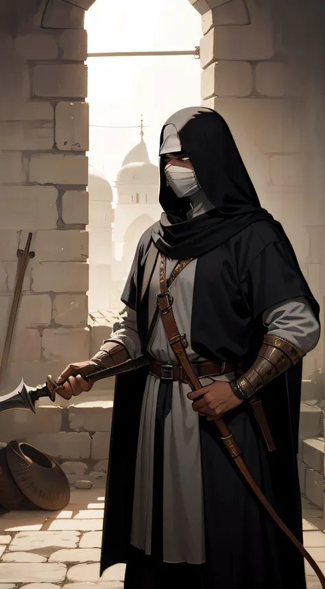 masked medieval Arab executioner holding a very long horsewhip, inside a dirty old prison, rat, dim light, spider nest, realistic, detailed, medieval prison,