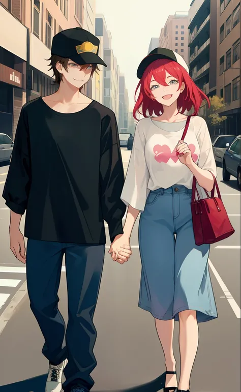 masterpiece, best quality, 2others, couple, 1man with 1woman, Height difference, happy, love, smile, casual clothes, oversized shirt, different fashions, modern urban street, holding hands, hat