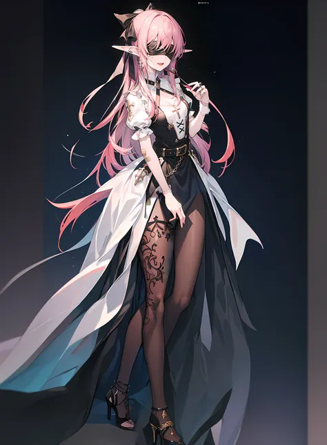 (tmasterpiece，high high quality，offcial art，Beauty and aesthetics:1.2)，独奏，1个Giant Breast Girl，lowerbody，Sideways，short  skirt，thin very long legs，high-heels，Bad woman，pov，the elf，with her mouth open，The color hair，long whitr hair，gothic clothing，Cross stra...