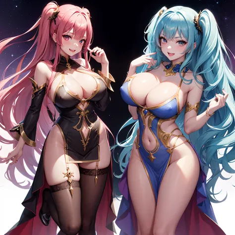 Young Devil Woman、Half dress with slit、see -through、cleavage、Jewel-like iridescent eyes、Anime Art Style、A smile、exalted、Full body、dynamicposes、Hair with waves、rainbow-colored hair、Half stockings、The nipple is visible、excited、double tooth