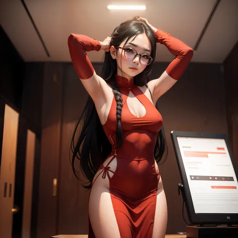 Vietnamese women: 32 years old, long hair tied above drop below, Wear a thigh-high slit body dress, Wear glasses, DSLR capture does not remove fonts, to 85F1.2, discreet red body dress