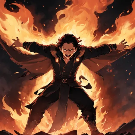 Tom Hiddleston as Loki, his silhouette illuminated by a raging fire, his expression one of pure malice, hellhounds snarling and snapping at his feet.