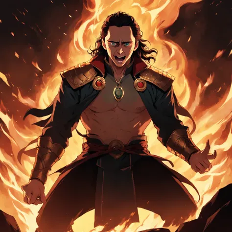 Tom Hiddleston as Loki, his silhouette illuminated by a raging fire, his expression one of pure malice, hellhounds snarling and snapping at his feet.