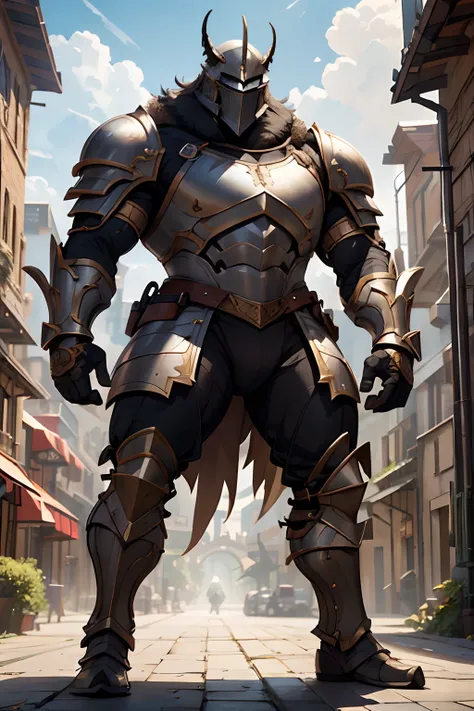 Game character standing drawing design，Disney animation，style of disney animation，an heavyknight，Quaint and heavy armor，Fur shoulders，Stout limbs，Muscle explosions，Equipped with huge riding guns，Different layers overlay，Different angles，（Left view full bod...