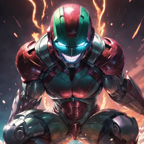 hyperrealistic,  powerful, joker colors armored (iron man marvel helmet), her cybernetic helmet glowing in the darkness of space, legs are muscular, feet are claws, ready to take on any challenge, style of Alena Aenami,ground angle,long shot