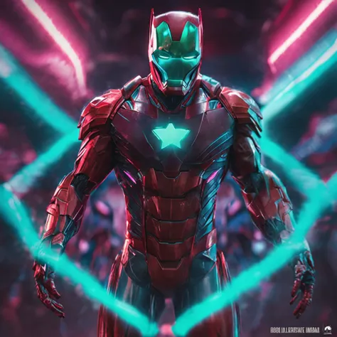 hyperrealistic,  powerful, joker colors armored (iron man marvel helmet), her cybernetic helmet glowing in the darkness of space, legs are muscular, feet are claws, ready to take on any challenge, style of Alena Aenami,ground angle,long shot