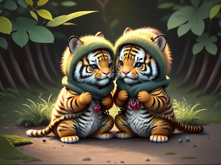 Top image quality、"Create cute creature masterpieces with inspired ultra-detailed concept art. Let your imagination come alive", （Tiger Baby）, high detailing, in 8K、Top image quality、forest fae、having clothes are worn、Realistic coat