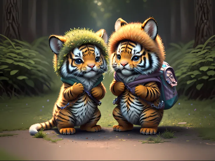 Top image quality、"Create cute creature masterpieces with inspired ultra-detailed concept art. Let your imagination come alive", （Tiger Baby）, high detailing, in 8K、Top image quality、forest fae、having clothes are worn、Realistic coat