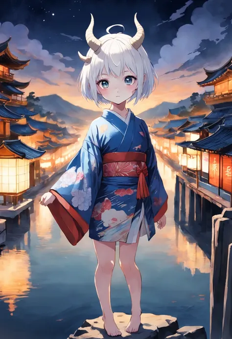 sfw, watercolor illustration, perfect anatomy, masterpiece, best quality, 1girl, 10yo, loli, solo, (white short hair:1.2), looking at viewer, (oni:1.1), (horns:0.8), kimono, nature, night time, from above, standing by the riverside, landscape