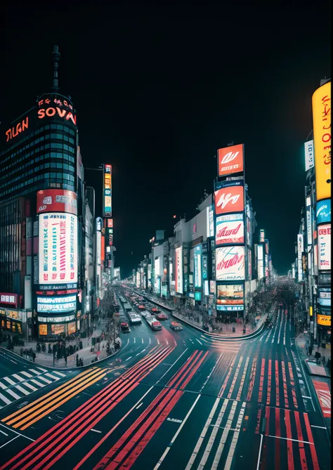 A dynamic panorama of Tokyos Shibuya Crossing, capturing the orchestrated chaos of pedestrians crossing in all directions. The towering buildings adorned with billboards and neon lights serve as a modern-day backdrop. Medium: Photography. Style: Photo hype...