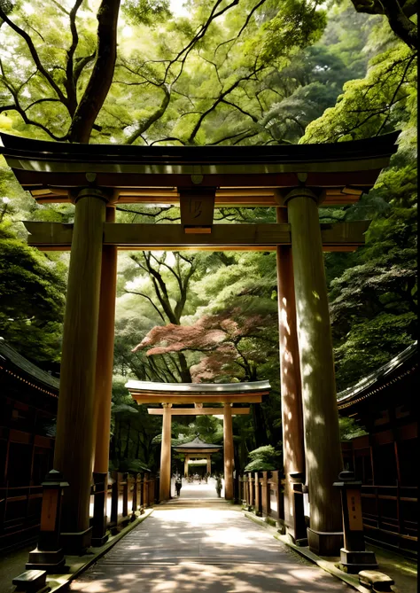 a serene moment at tokyo's meiji shrine, where a traditional torii gate stands amidst a lush forest. the tranquility is palpable...