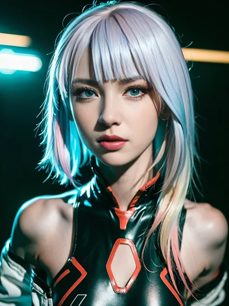 ((Masterpiece, high resolution:1.4), lucy_cyberpunk, (futuristic city at night, neon lights:1), (close up:1.2), (1girl), white short hair, bangs, ((red eyeliner)), ((makeup)), red lips, white off-shouler jacket, black bodysuit, bare shoulders, white shorts...