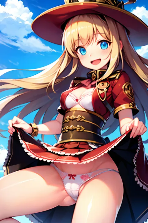 Masterpiece, best quality, yukka uniform, Yukka Ende, blush, (crotch close up), open mouth, red dirndle, red silk hat, outside, sky, day, ocean, red small hair bows, shiny blue eyes, 1girl, solo, red skirt, skirt lift, white panties, crotch seam, cameltoe,...