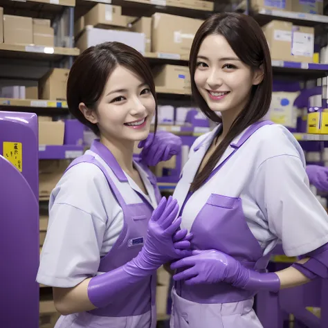 Female, 30s, Japan,Wearing a work shirt,A smile,Show around the warehouse,Recruitment,rubber glove、Purple rubber gloves、Purple rubber gloves、long rubber gloves in purple color,,、Glossy purple gloves