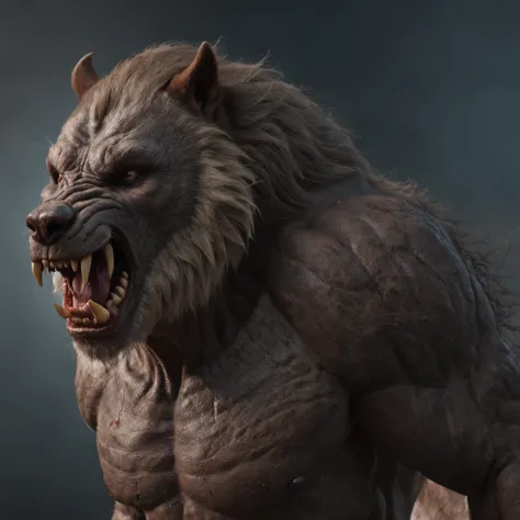 (Professional 3D rendering:1.3) de (Realistic:1.3) foto de arte mais bonita do mundo, Gross characteristics, lobisomem masculino, ((epic rough fantasy strong werewolf, lobisomem olhar zangado cabelo longo, Pointy ear and fierce expression in dynamic pose, ...