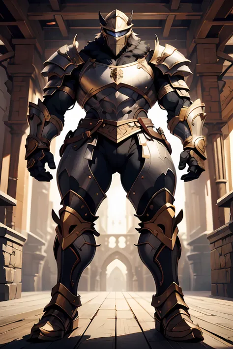 Game character standing drawing design，Disney animation，style of disney animation，an heavyknight，Quaint and heavy armor，Fur shoulders，Stout limbs，Muscle explosions，Equipped with huge riding guns，Different layers overlay，Different angles，（Left view full bod...