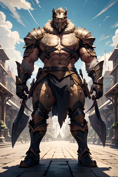 Game character standing drawing design，Disney animation，style of disney animation，an heavyknight，Quaint and heavy armor，Fur shoulders，Stout limbs，Muscle explosions，Equipped with huge riding guns，Different layers overlay，Different angles，（Left view full bod...