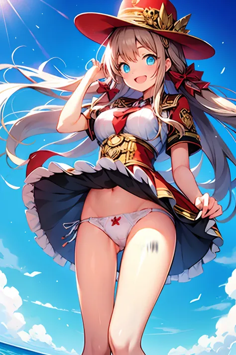 Masterpiece, best quality, yukka uniform, Yukka Ende, blush, (crotch close up), open mouth, red dirndle, red silk hat, outside, sky, day, ocean, red small hair bows, shiny blue eyes, 1girl, solo, red skirt, skirt lift, white panties, crotch seam, cameltoe,...