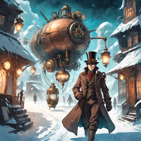 Steampunk Wanderer: Illustrate the man as a steampunk traveler, wearing a combination of Victorian-era clothing and futuristic steampunk gadgets. He walks through a snowy, mechanized landscape with steam-powered snowflakes falling around him.