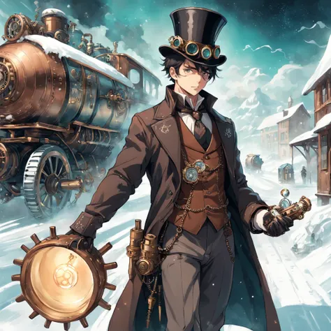 Steampunk Wanderer: Illustrate the man as a steampunk traveler, wearing a combination of Victorian-era clothing and futuristic steampunk gadgets. He walks through a snowy, mechanized landscape with steam-powered snowflakes falling around him.