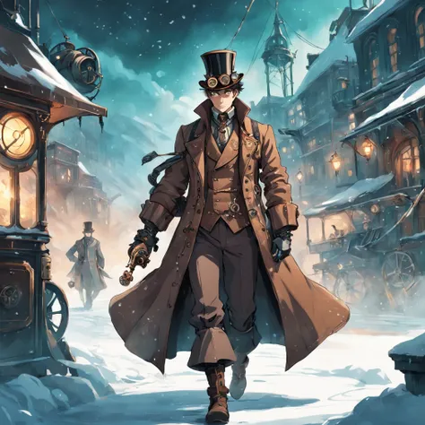 Steampunk Wanderer: Illustrate the man as a steampunk traveler, wearing a combination of Victorian-era clothing and futuristic steampunk gadgets. He walks through a snowy, mechanized landscape with steam-powered snowflakes falling around him.