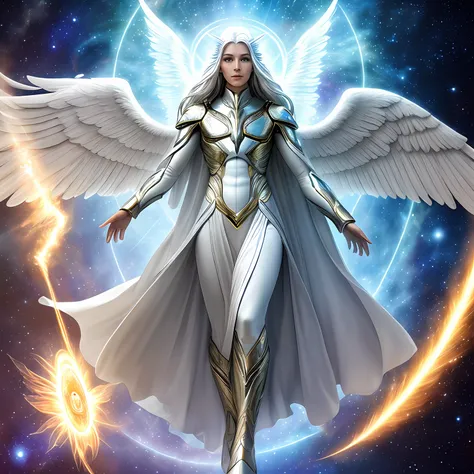 Alien appearance humans, angelic, selestial, full body, beautiful, spiritual being, benevolent, with an aura on the head, sorindo, with radiant energy, archangel miguel style, galactic confederation, high quality, ultra-realistic, professional photography,...