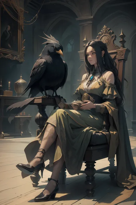 An old witch sits in a Kadilau chair in the background，She was holding a Soniste crow ，gloomy castle，solid color backdrop，clean backdrop，depth of fields，high light，Real light，Ray traching，OC renderer，UE5 renderer，Hyper-realistic，best qualtiy，8K，Works of ma...