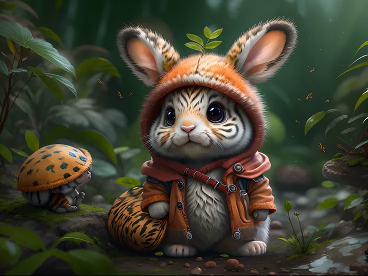 Top image quality、"Create cute creature masterpieces with inspired ultra-detailed concept art. Let your imagination come alive", （Baby rabbit）, high detailing, in 8K、Top image quality、forest fae、Wearing tiger fur、Realistic coat、big ears from a hat、