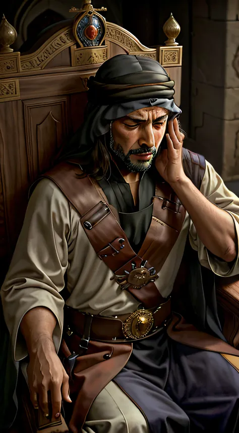 solo, 1 man, mourn, medieval arab king crying on a throne, hand closing his eyes, tears drop, dim lighting, realistic, detailed,