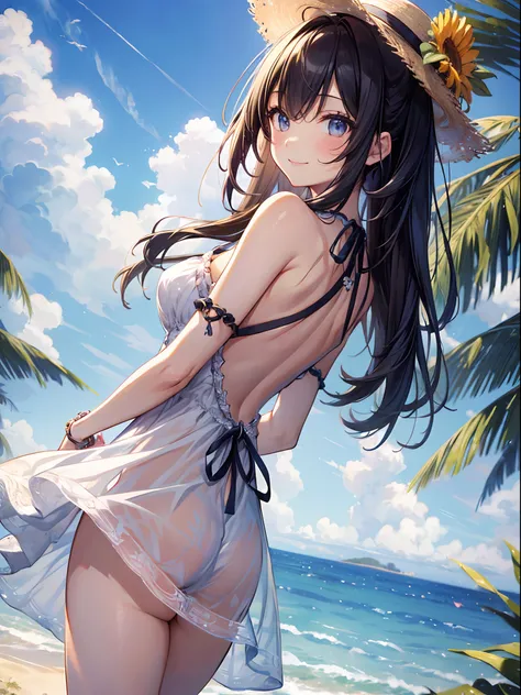 absurderes,(​masterpiece、top-quality、8K ),intricate detailes,ultra-detailliert、1 girl in、A smile、(Summer dress with open back :1.4),Looking back、Seaside Road、Summer sky、Sunburn marks、Hyper realistic,Perfect Anatomy