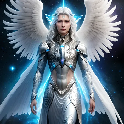 Alien appearance humans, angelic, selestial, full body, beautiful, spiritual being, benevolent, with an aura on the head, sorindo, with radiant energy, archangel miguel style, galactic confederation, high quality, ultra-realistic, professional photography,...