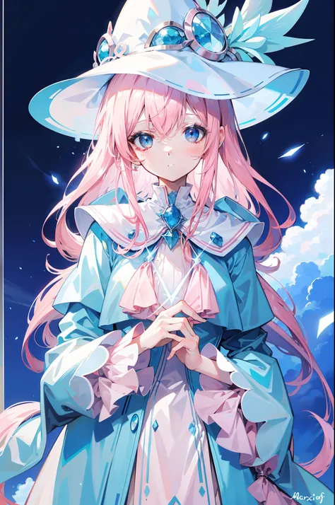 long light pink hair，Light sky blue magician hat，Light sky blue and light pink、Paired with a white magician suit，A cute and cute girl