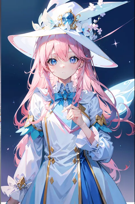 long light pink hair，Light sky blue magician hat，Light sky blue and light pink、Paired with a white magician suit，A cute and cute girl