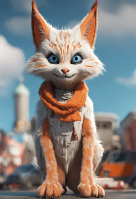 Furry，shaggy，Orange and white fur，male people，felid，，solo person，sharp talons， Detailed fur， Blue ㇏ eyes，Fluffy tail，，ultra - detailed：1.0，the city street，Detailed background without clothes