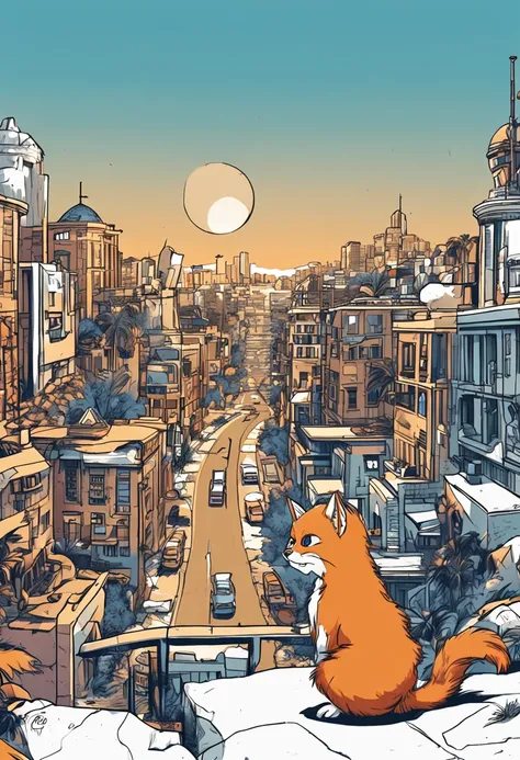 Furry，shaggy，Orange and white fur，male people，felid，，solo person，sharp talons， Detailed fur， Blue ㇏ eyes，Fluffy tail，，ultra - detailed：1.0，the city street，Detailed background without clothes