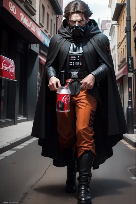 Darth Vader walks on the streets of many people，Coca-Cola in his left hand, sith lord. Wearing a black Sith uniform, Sith, willem dafoe as a sith lord