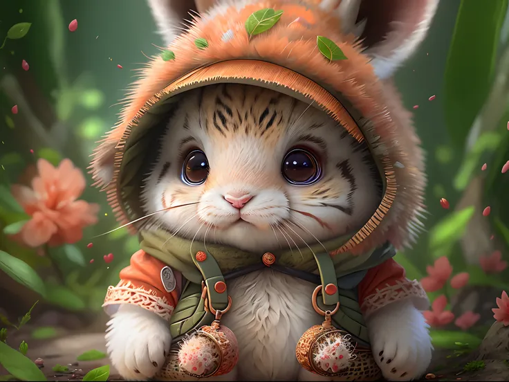 Top image quality、"Create cute creature masterpieces with inspired ultra-detailed concept art. Let your imagination come alive", （Baby rabbit）, high detailing, in 8K、Top image quality、forest fae、Wearing tiger fur、Realistic coat、big ears from a hat、