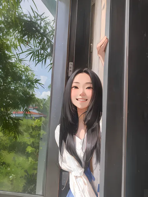 there is a young girl smiling standing outside of a window with her hand on the door, with long hair, xintong chen, asian girl with long hair, wenfei ye, ruan cute vtuber, nivanh chanthara, 8k selfie photograph, with white long hair, headshot profile pictu...